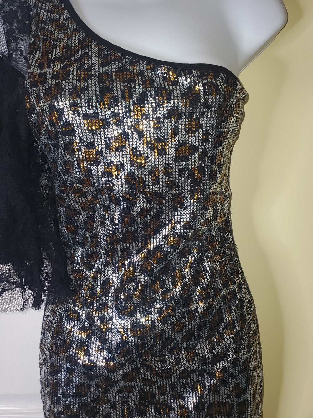 Si Style One Shoulder Sequin Leopard Bodycon Dress | Small | Made in USA